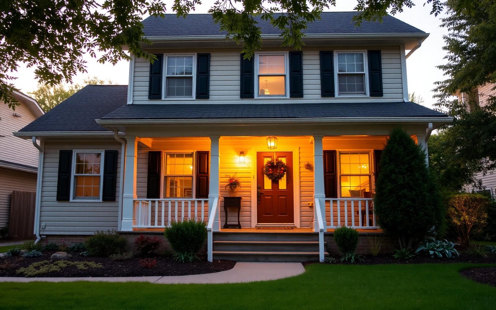 Front porch of a family home at golden hour